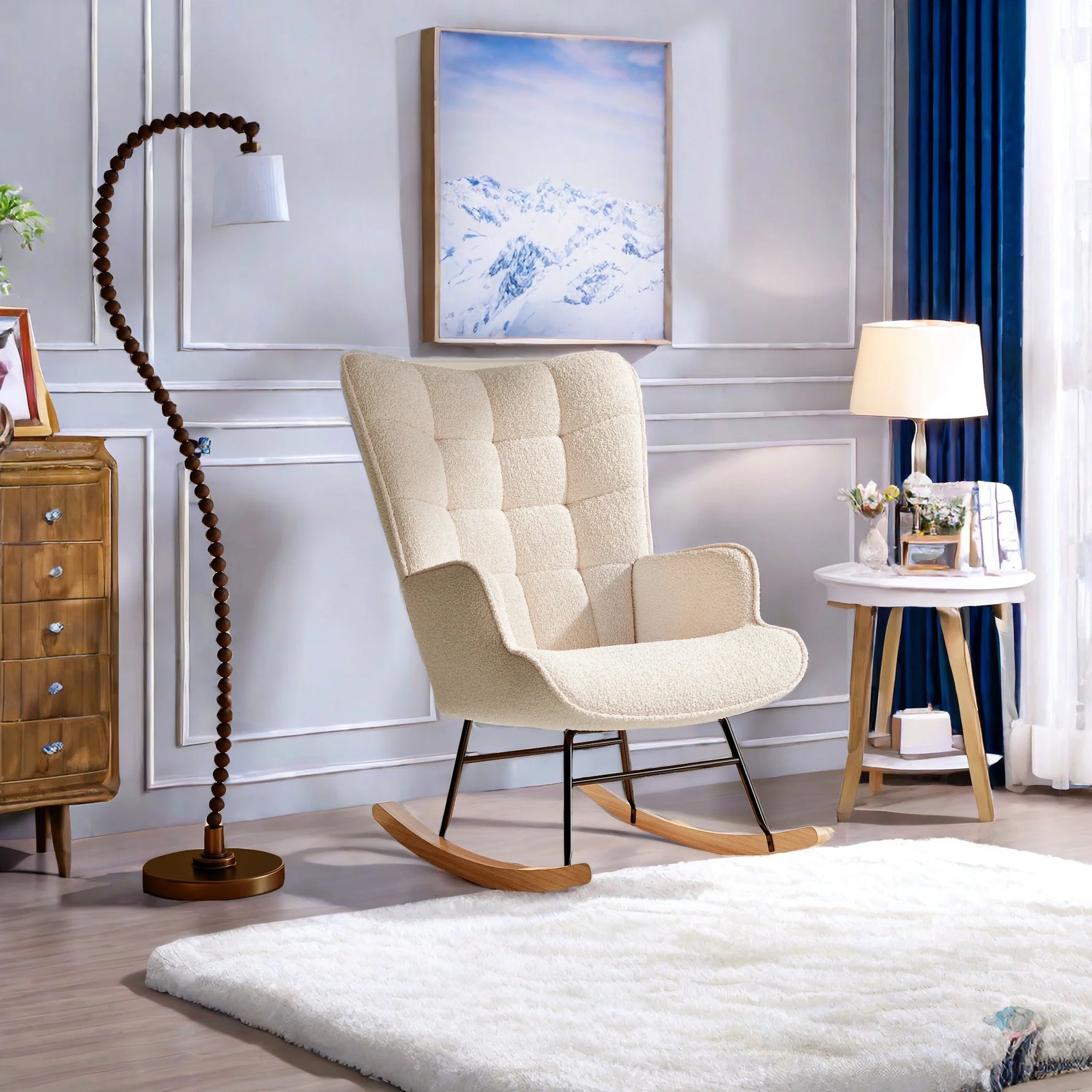 ROSAHQNDA Rocking chair, soft plush fabric with armrests and backrest, casual upholstered chair, for living room, bedroom, Yard