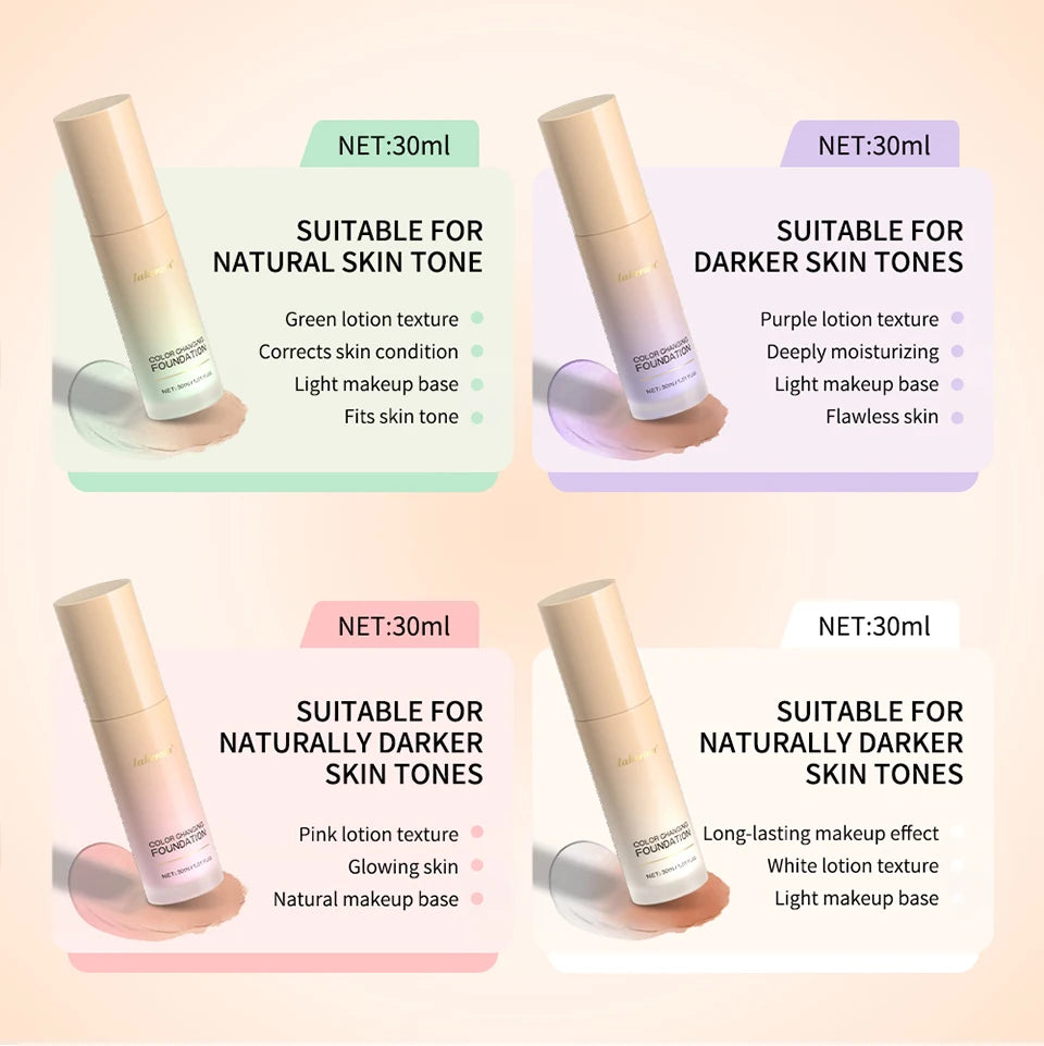 Color Changing Foundation 4 in 1 Moisturizing SPF 30+ Hydrating Color Longwearing Waterproof Travel Coverage Makeup Base