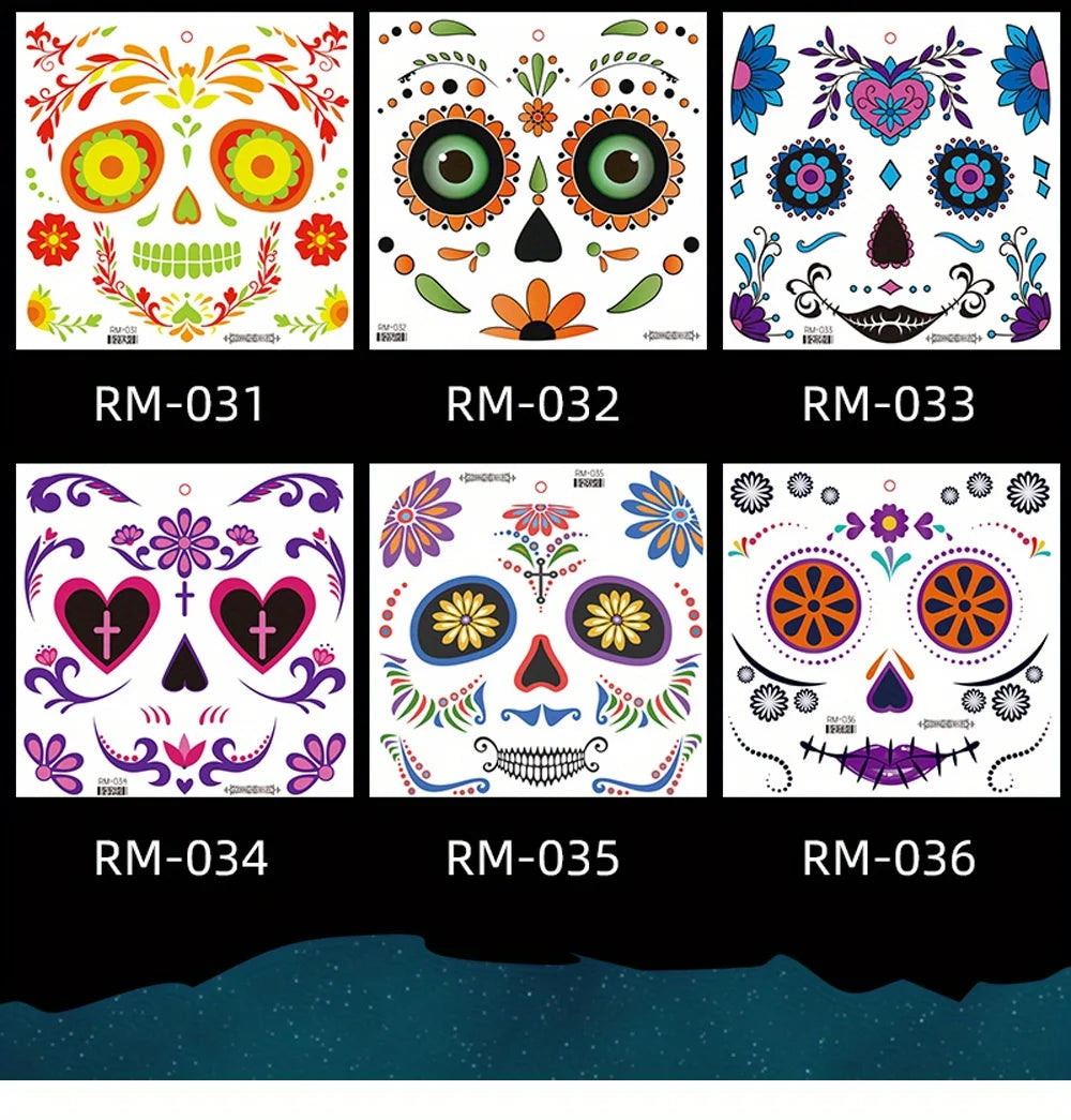 Halloween Temporary Tattoos Sticker Day Of The Dead La Catrina Face Tattoos Skull Waterproof Tattoos Sticker Party Makeup Decals