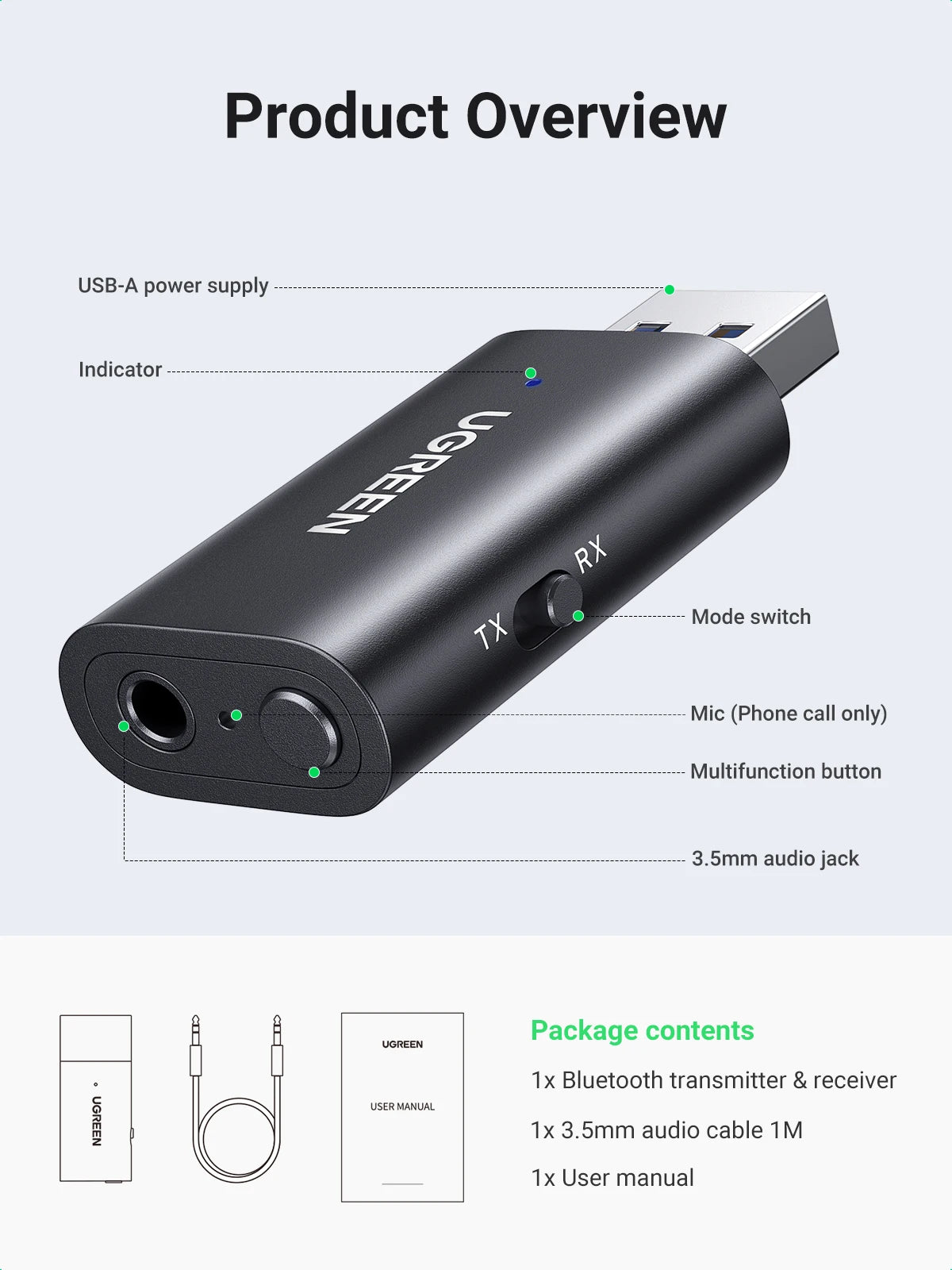 UGREEN 2 in 1 Bluetooth Car Adapter Bluetooth 5.1 Stereo Transmitter Receiver Wireless 3.5mm Aux Jack Adapter Car Kit Mic