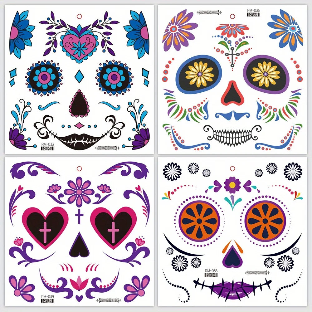 Halloween Temporary Tattoos Sticker Day Of The Dead La Catrina Face Tattoos Skull Waterproof Tattoos Sticker Party Makeup Decals