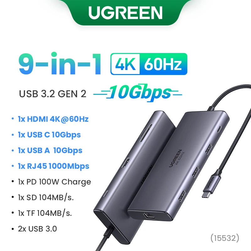 UGREEN USB-C HUB to 4K60Hz HDMI RJ45 Gigabit PD100W SD&TF USB3.0 5Gbps Splitter for MacBook Laptop Accessories Docking Station