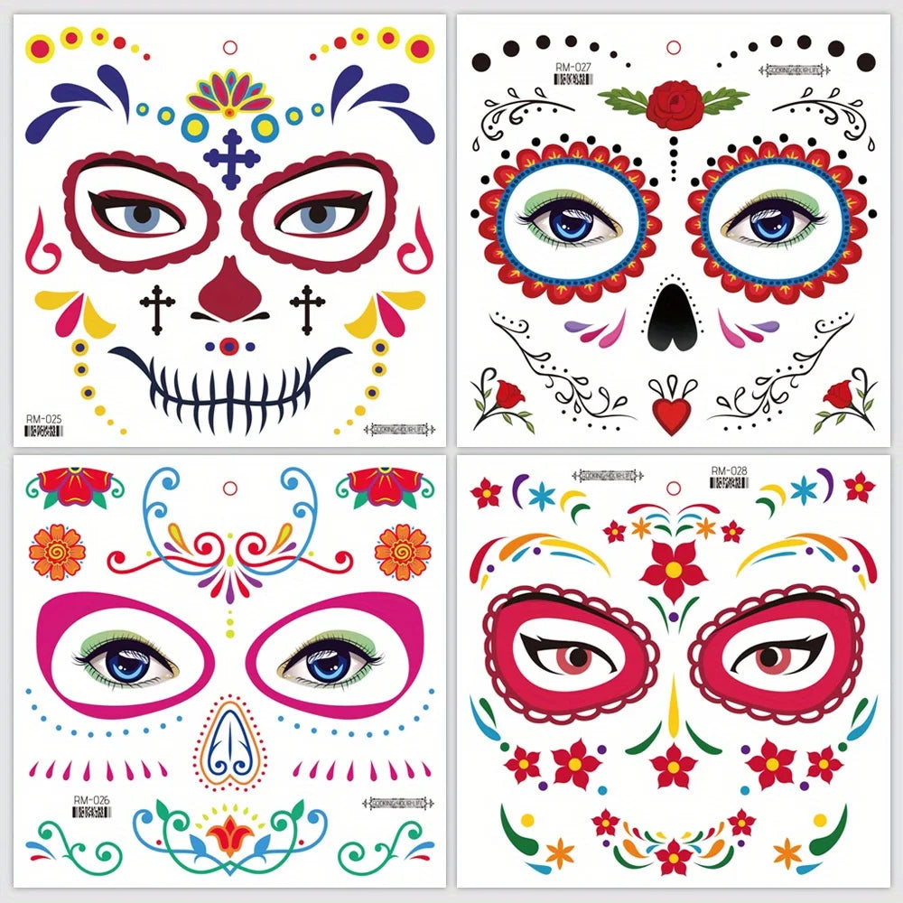 Halloween Temporary Tattoos Sticker Day Of The Dead La Catrina Face Tattoos Skull Waterproof Tattoos Sticker Party Makeup Decals