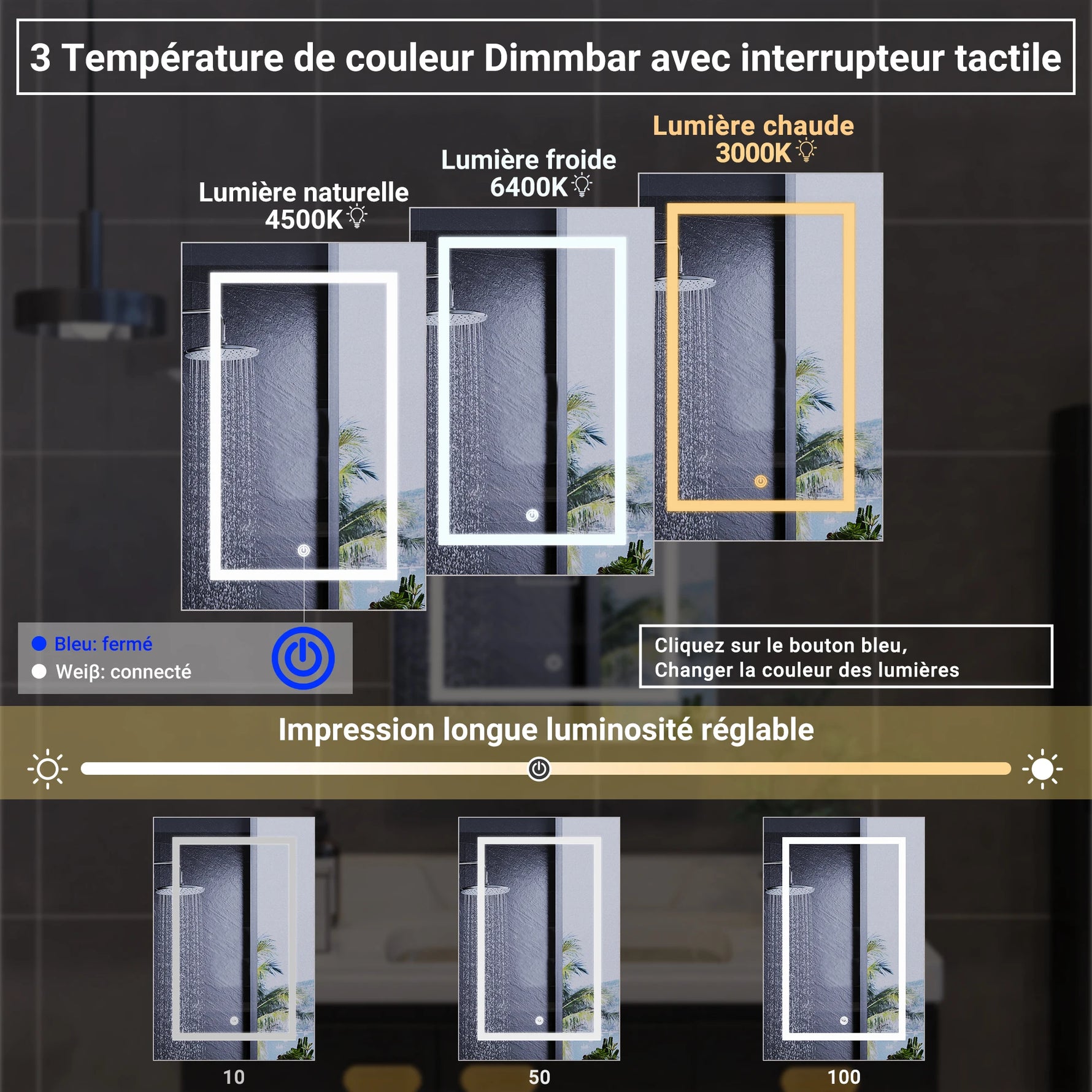 Bathroom wall-mounted mirror cabinet, 50x12.5x70cm, with LED lights and shelves, touch switch, single door design, white