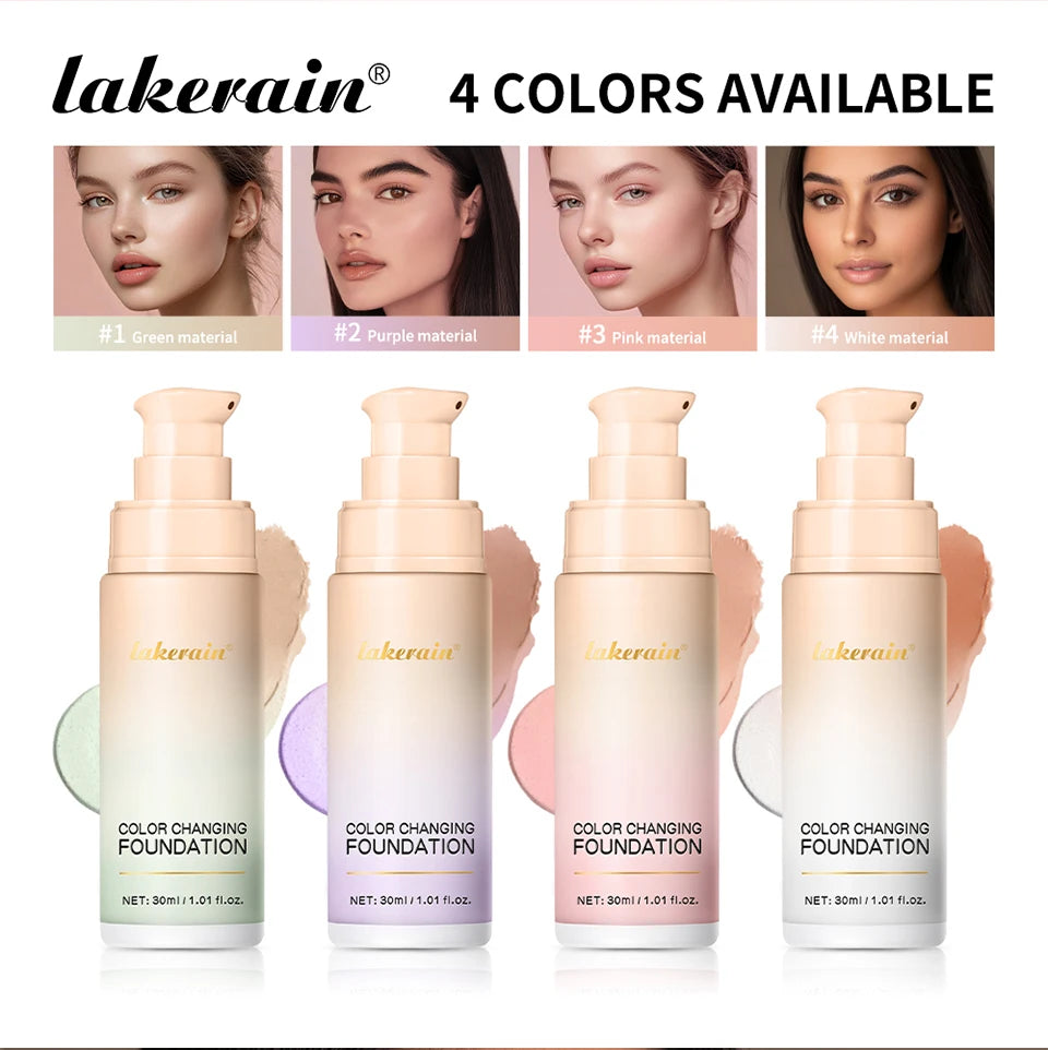 Color Changing Foundation 4 in 1 Moisturizing SPF 30+ Hydrating Color Longwearing Waterproof Travel Coverage Makeup Base