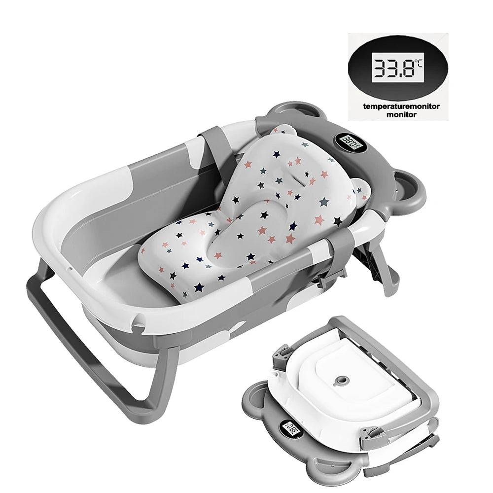 Folding Baby Bathtub with Thermometer & Non-Slip Cushion