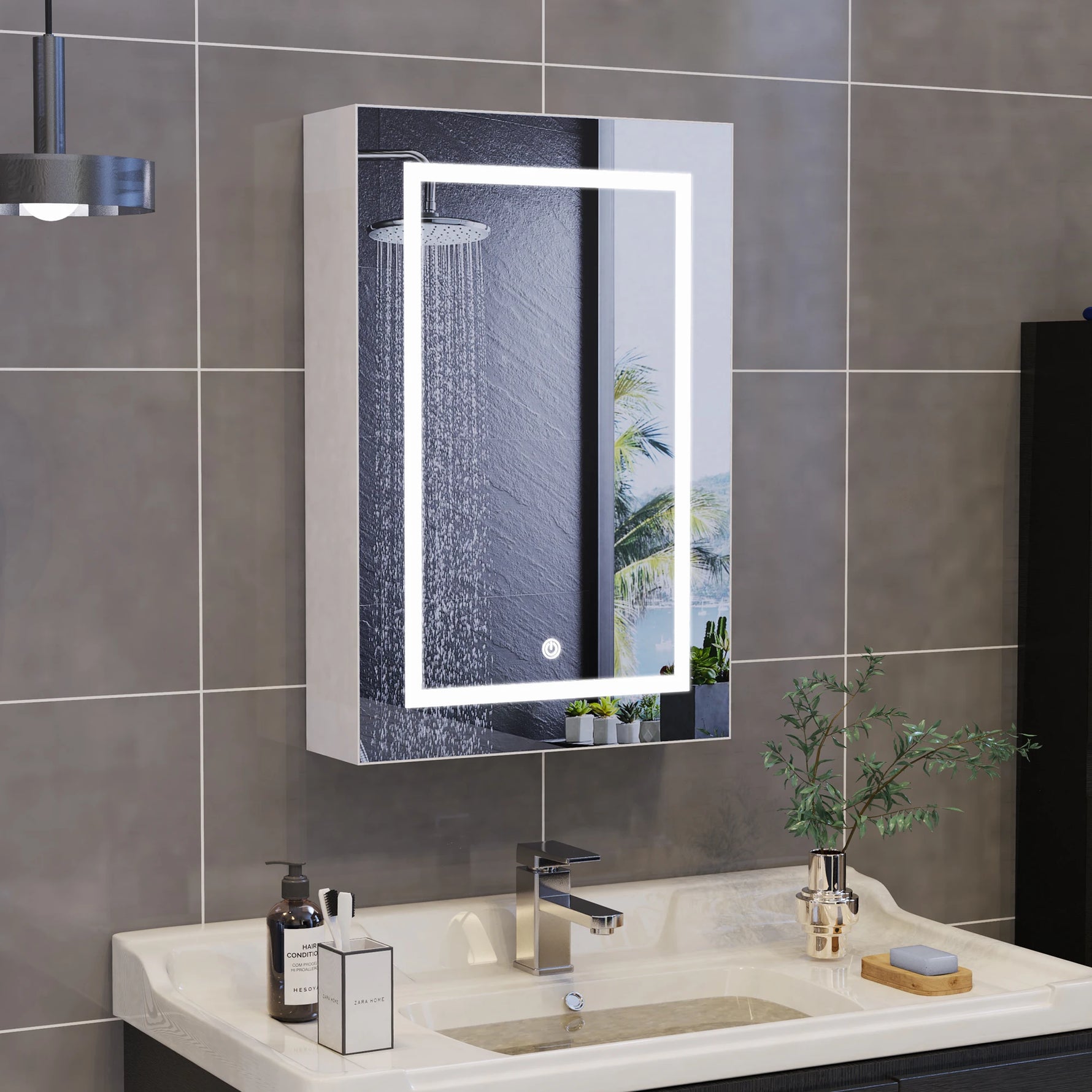 Bathroom wall-mounted mirror cabinet, 50x12.5x70cm, with LED lights and shelves, touch switch, single door design, white