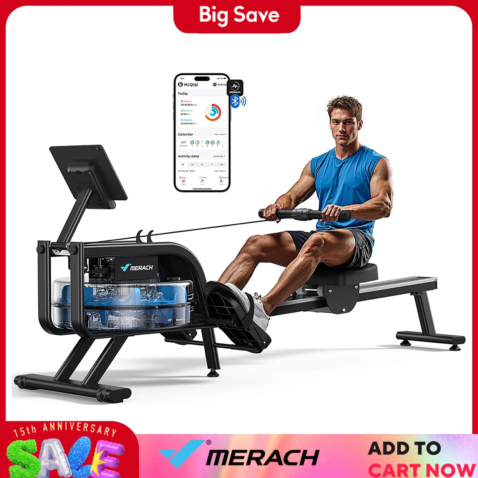 MERACH Water Rowing Machines 16 Levels of Quiet Resistance Foldable Compact Rowing Machine 350 LB Weight Capacity with Bluetooth