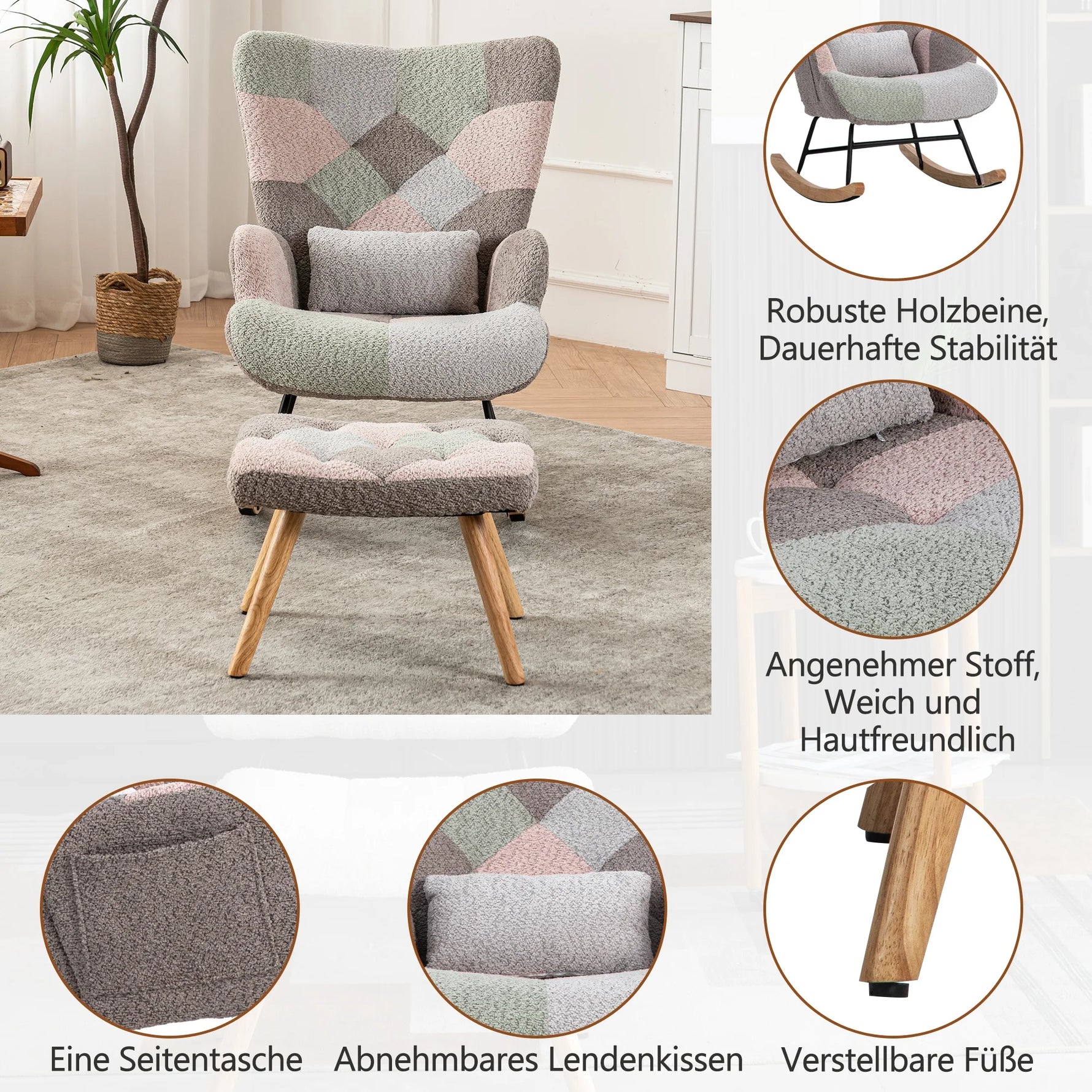 Rocking chair with stool, metal frame & wood base, Retro Relax armchair with backrest, ideal for living room