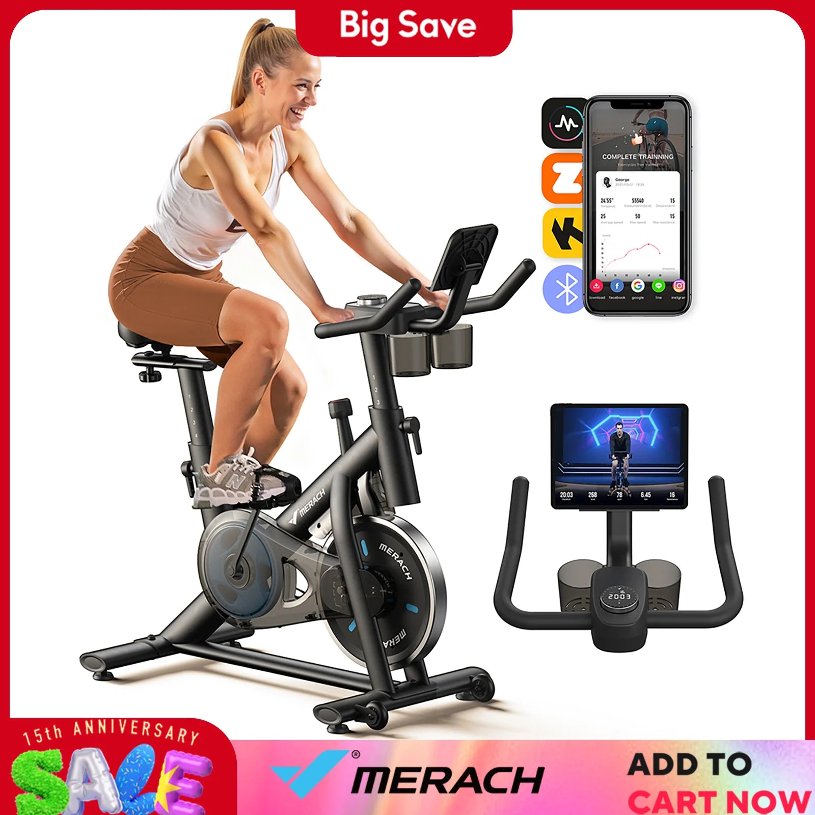 MERACH Exercise Bike Brake Pad Stationary Bike Low Noise Indoor Cycling Bike 270lbs Weight Capacity Tablet Mount Fitness Courses