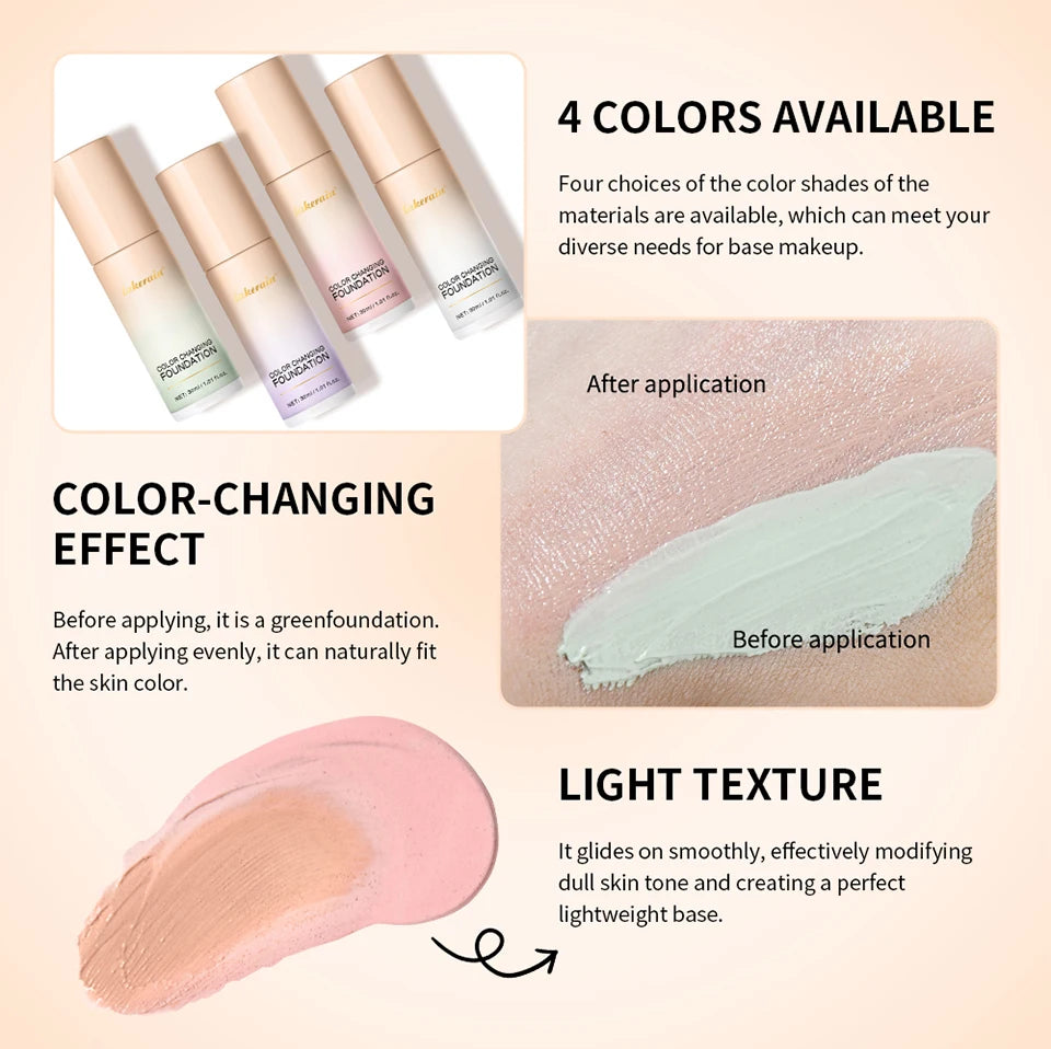 Color Changing Foundation 4 in 1 Moisturizing SPF 30+ Hydrating Color Longwearing Waterproof Travel Coverage Makeup Base