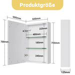 Bathroom wall-mounted mirror cabinet, 50x12.5x70cm, with LED lights and shelves, touch switch, single door design, white