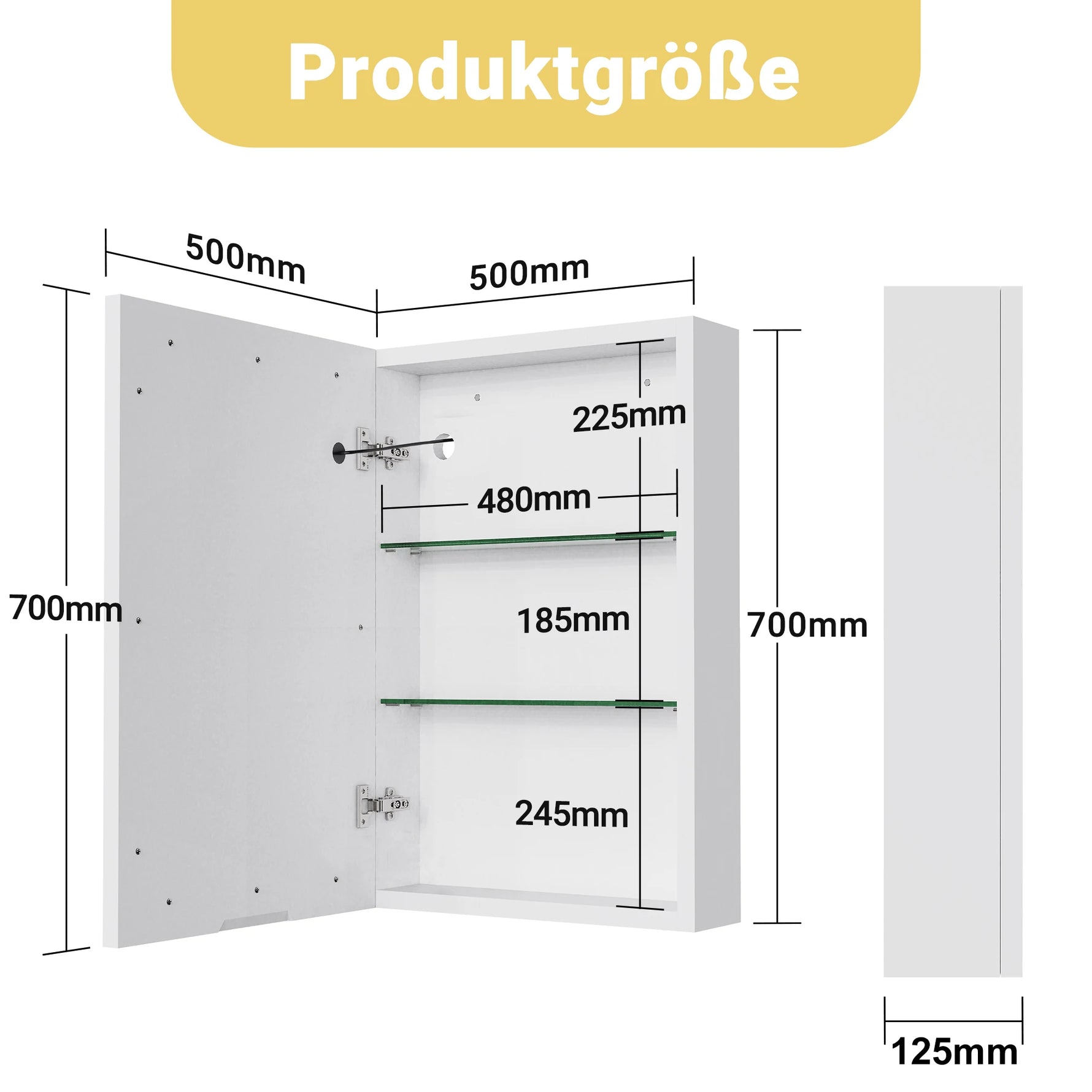 Bathroom wall-mounted mirror cabinet, 50x12.5x70cm, with LED lights and shelves, touch switch, single door design, white