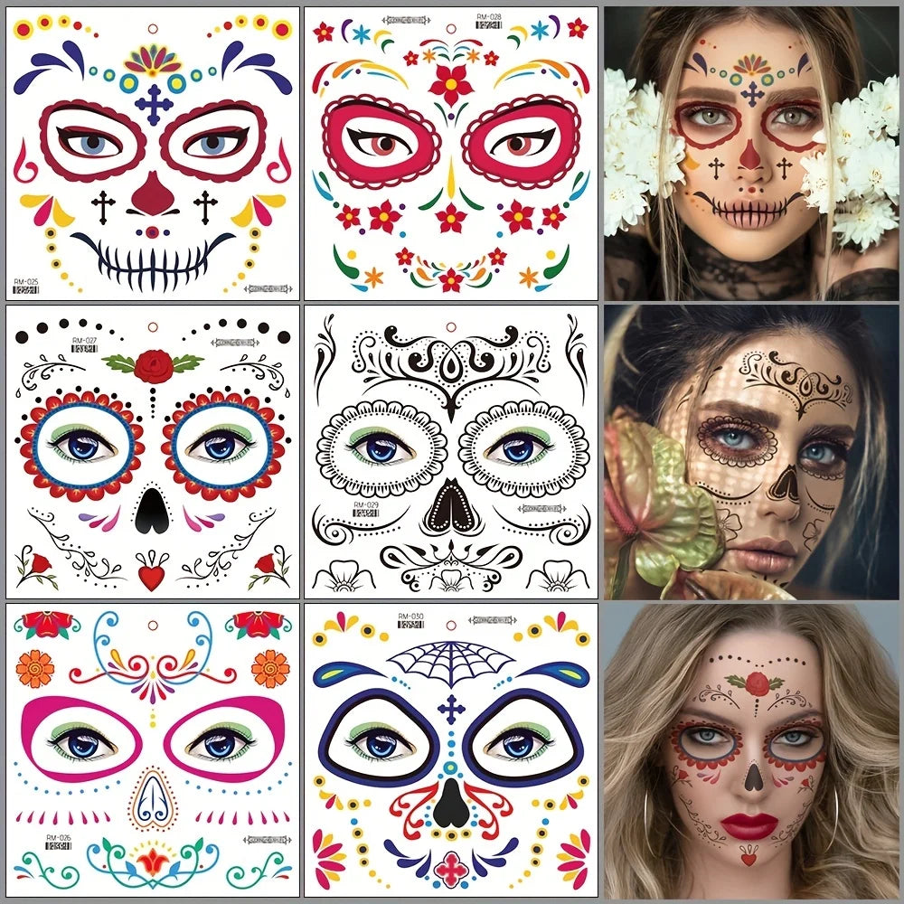 Halloween Temporary Tattoos Sticker Day Of The Dead La Catrina Face Tattoos Skull Waterproof Tattoos Sticker Party Makeup Decals