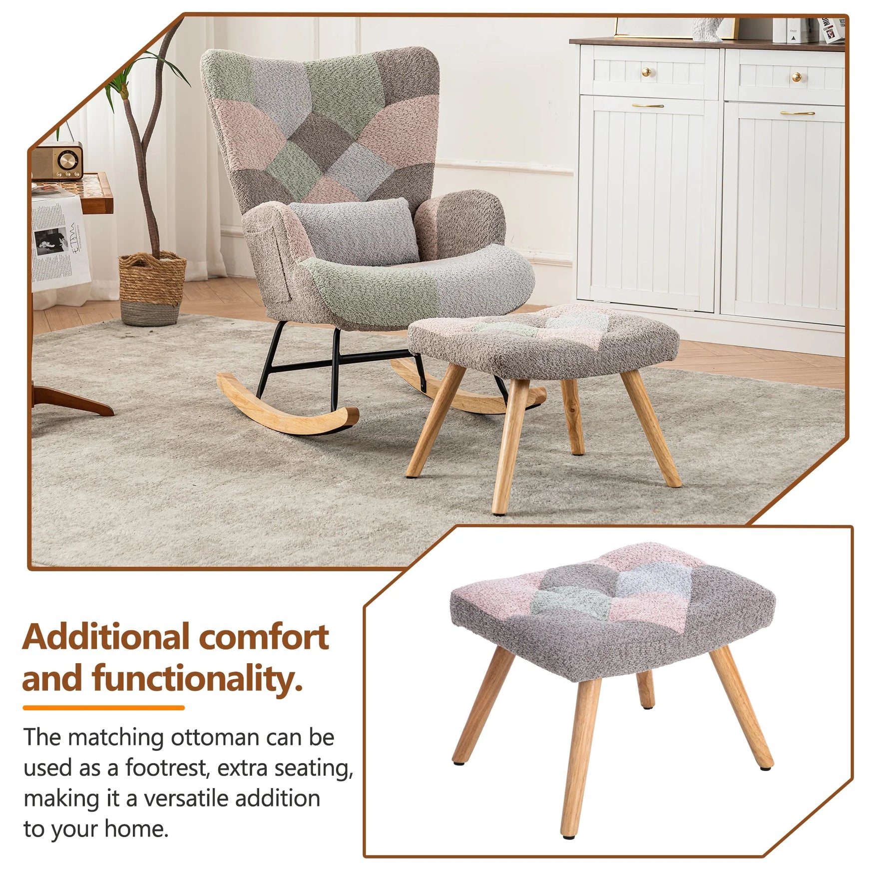 Rocking chair with stool, metal frame & wood base, Retro Relax armchair with backrest, ideal for living room