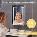 Bathroom wall-mounted mirror cabinet, 50x12.5x70cm, with LED lights and shelves, touch switch, single door design, white