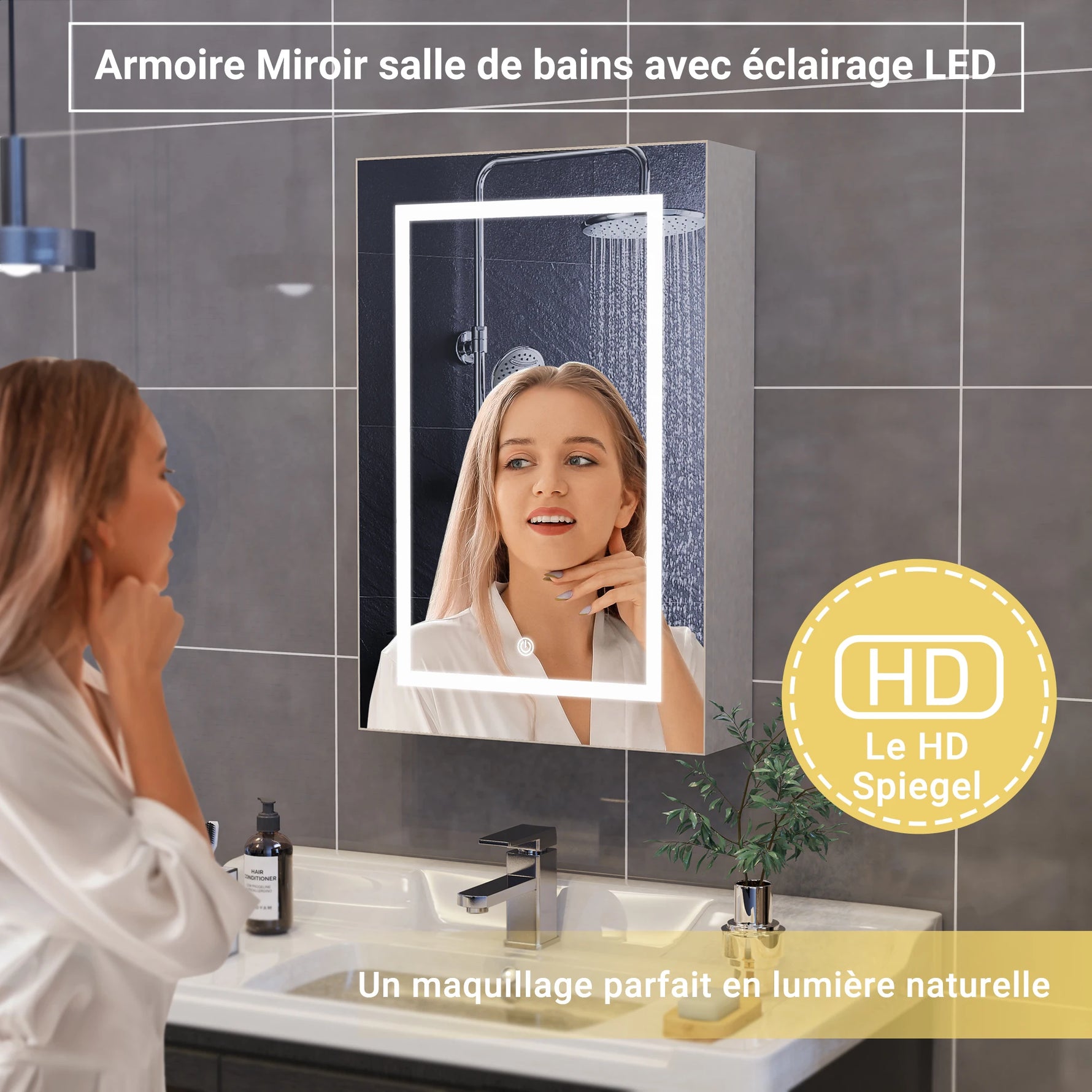 Bathroom wall-mounted mirror cabinet, 50x12.5x70cm, with LED lights and shelves, touch switch, single door design, white