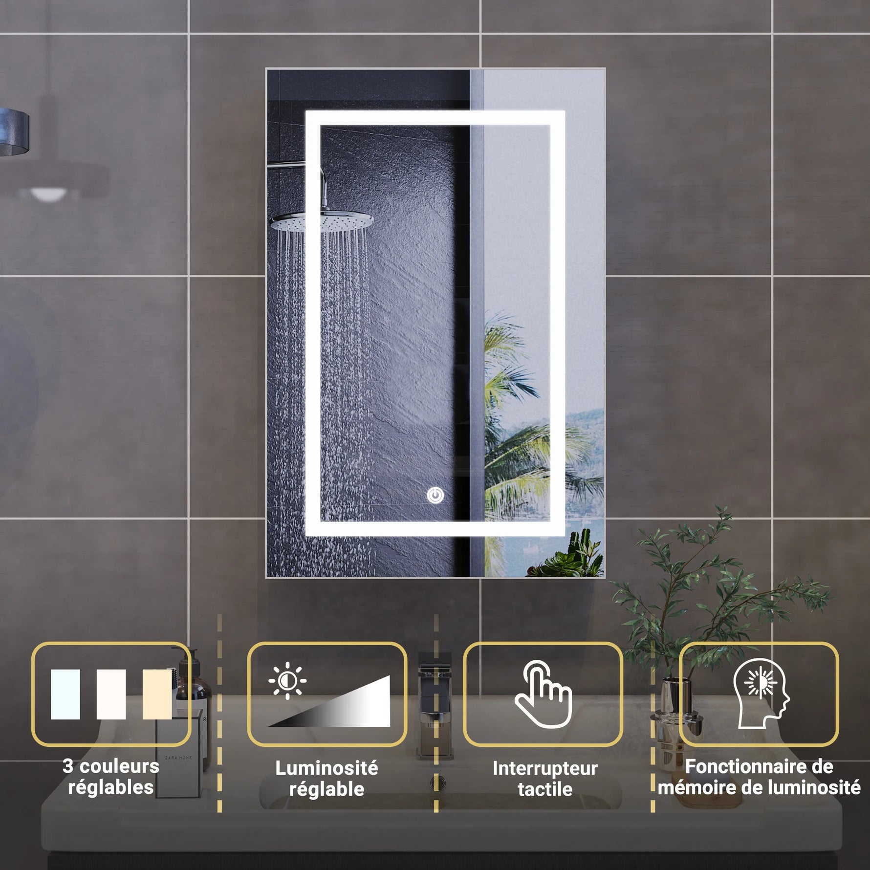 Bathroom wall-mounted mirror cabinet, 50x12.5x70cm, with LED lights and shelves, touch switch, single door design, white