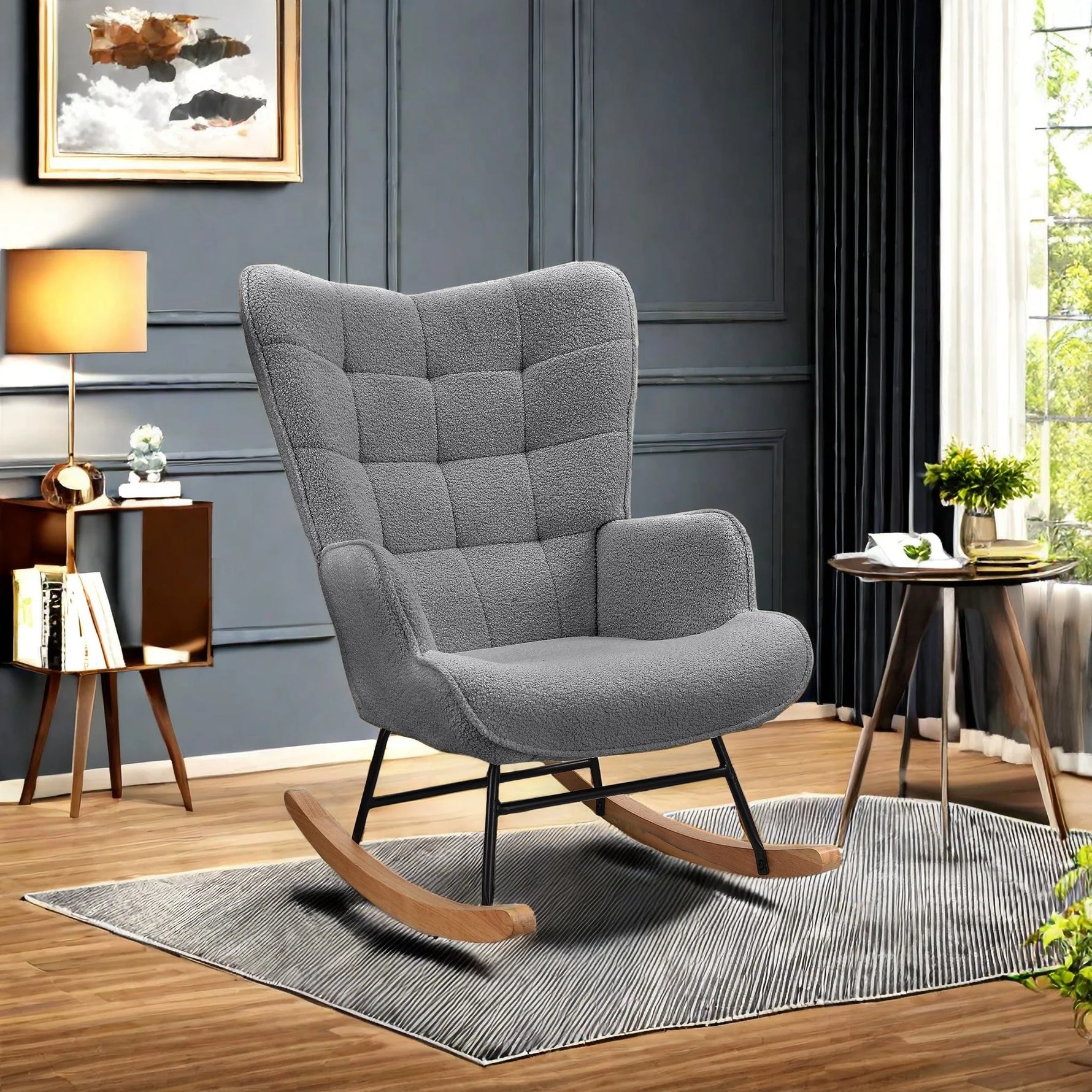 ROSAHQNDA Rocking chair, soft plush fabric with armrests and backrest, casual upholstered chair, for living room, bedroom, Yard