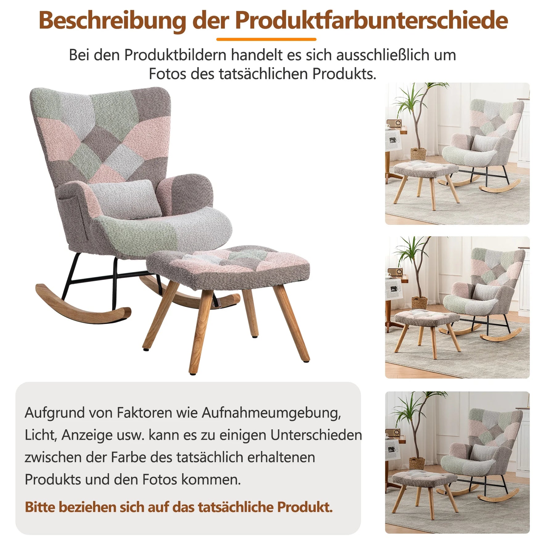 Rocking chair with stool, metal frame & wood base, Retro Relax armchair with backrest, ideal for living room