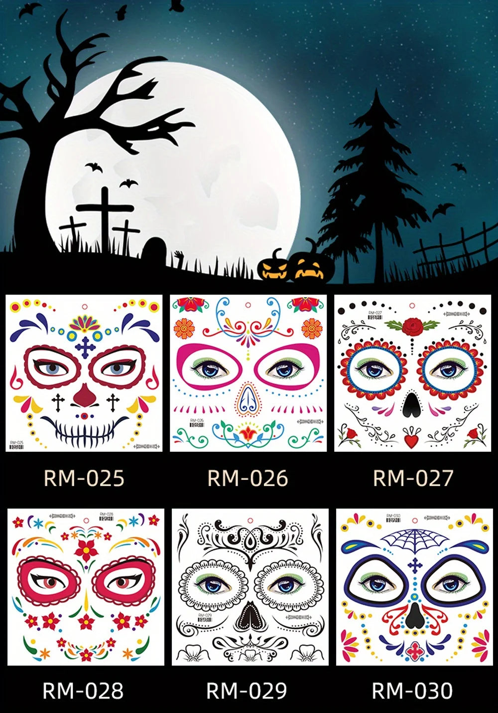 Halloween Temporary Tattoos Sticker Day Of The Dead La Catrina Face Tattoos Skull Waterproof Tattoos Sticker Party Makeup Decals