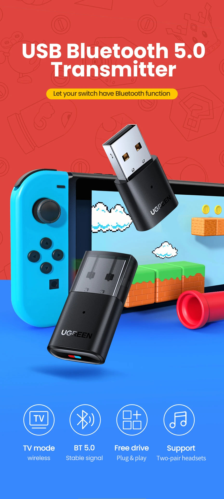 UGREEN USB Bluetooth 5.0 Transmitter Audio Adapter For Airpods PC Computer PS4 Pro Nintendo Switch Bluetooth Adapter TV Mode