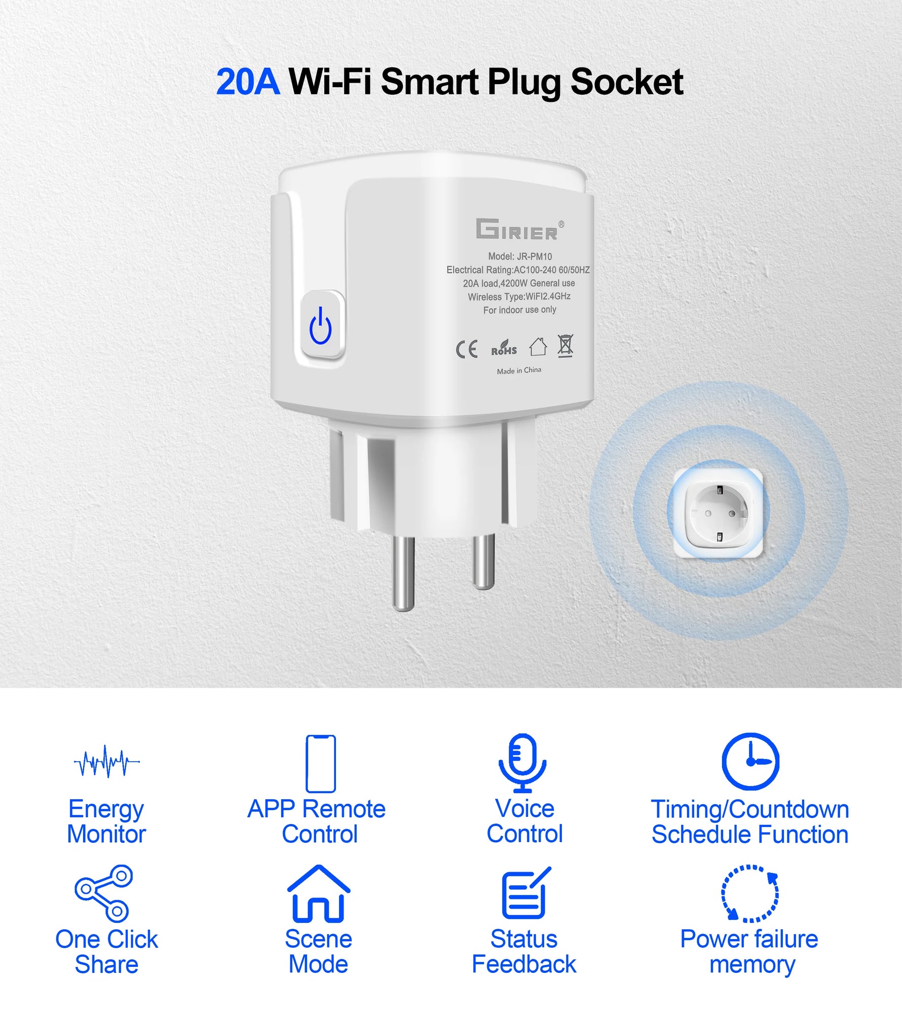 GIRIER Tuya Smart Wifi Plug 20A Remote Control Smart Socket Outlet EU Power Monitor Timer Function Works with Alexa Google Home