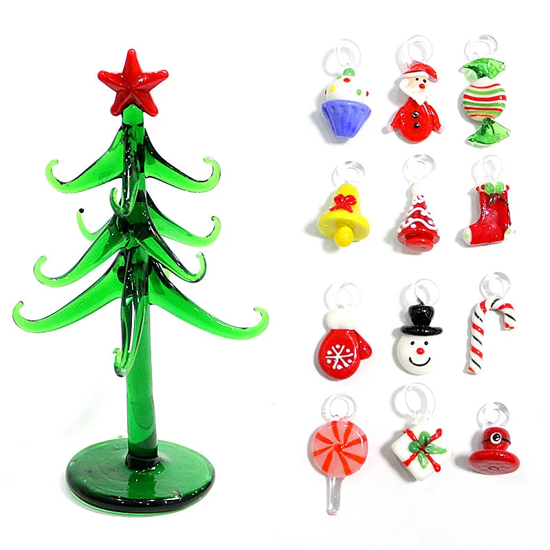 Custom Handmade Glass Christmas Tree Craft Figurines Ornaments Creative Xmas Decoration With 12pcs Cute Mini Pendant Accessories