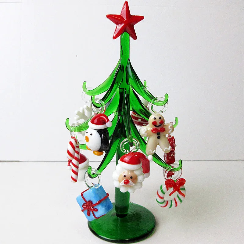 Custom Handmade Glass Christmas Tree Craft Figurines Ornaments Creative Xmas Decoration With 12pcs Cute Mini Pendant Accessories