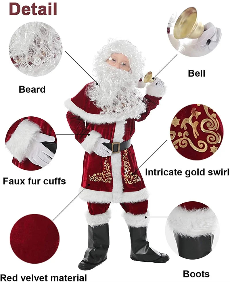 Man Santa Claus Suit Adult Christmas Cosplay Costume Red Deluxe Velvet Fancy 8pcs Set Xmas Party Family Costume Outfits