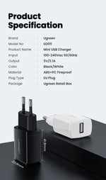 Ugreen 5V 2.1A USB Charger for iPhone 16 15 14 iPad Fast Wall Charger EU Adapter for Samsung S9 Xiaomi Mi 8 Mobile Phone Charger