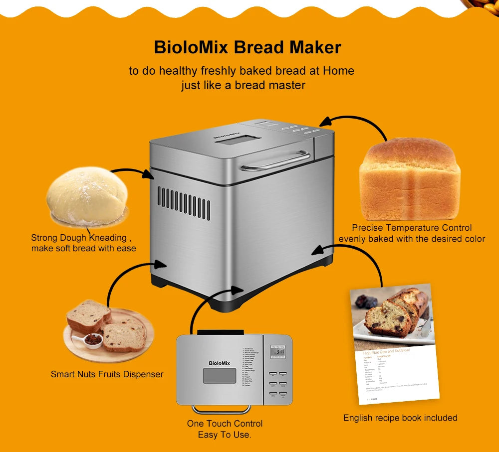 Biolomix 1KG 19-in-1 Stainless Steel Automatic Bread Maker 650W Programmable with Fruit Nut Dispenser Kitchen Appliance
