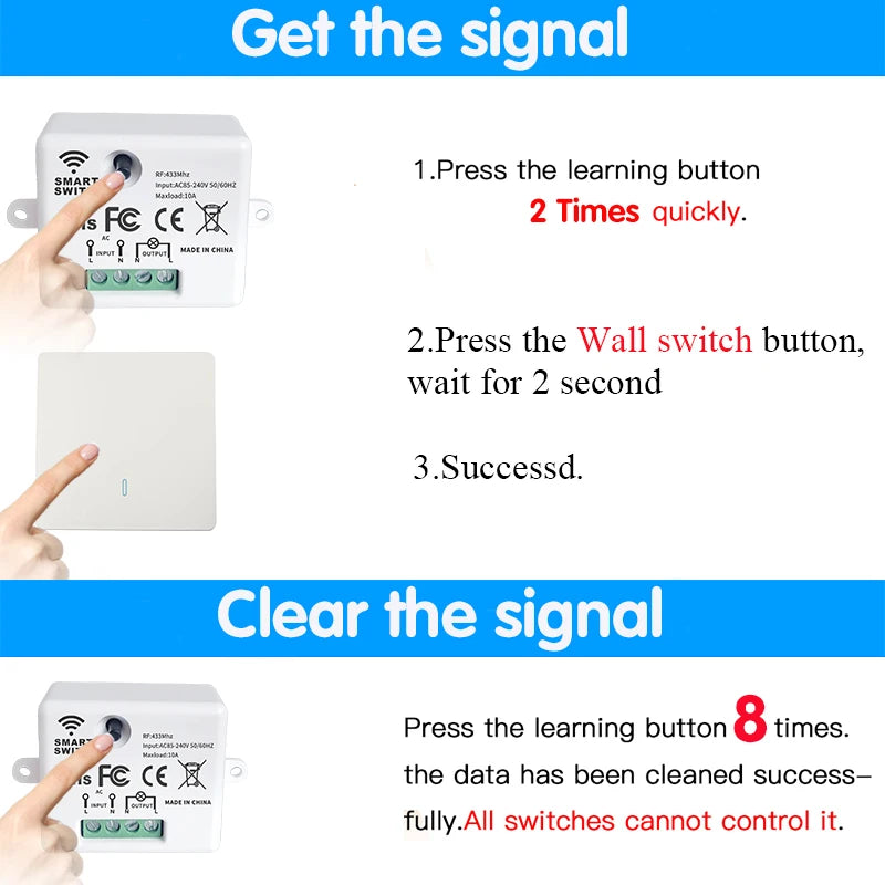 Wireless Smart Switch Light 433Mhz RF 86 Wall Panel Switch with Remote Control Mini Relay Receiver 220V Home Led Light Lamp Fan