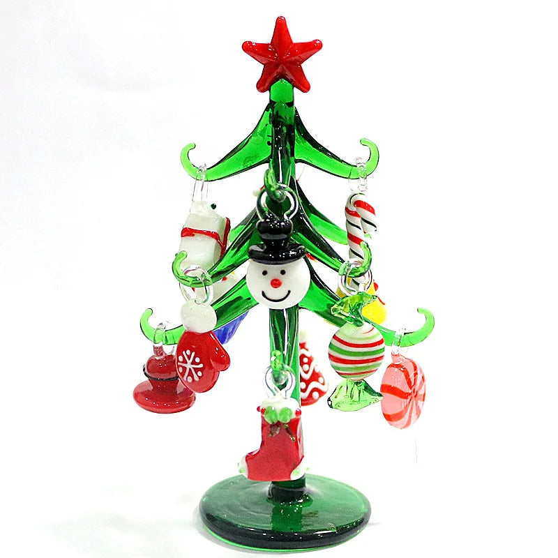 Custom Handmade Glass Christmas Tree Craft Figurines Ornaments Creative Xmas Decoration With 12pcs Cute Mini Pendant Accessories