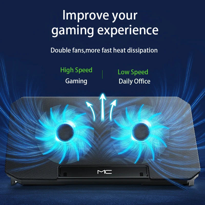 Gaming Laptop Cooler Large Size for 12-16 Inch Notebook, Two USB Cooling Pads, Adjustable Wind Speed, Silent Laptop Stand