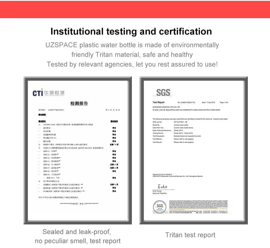 UZ Sports Water Bottle BPA Free Portable Leakproof Shaker Bottle Tritan Plastic Drinkware 500/1000ML Jug for Camping Gym School