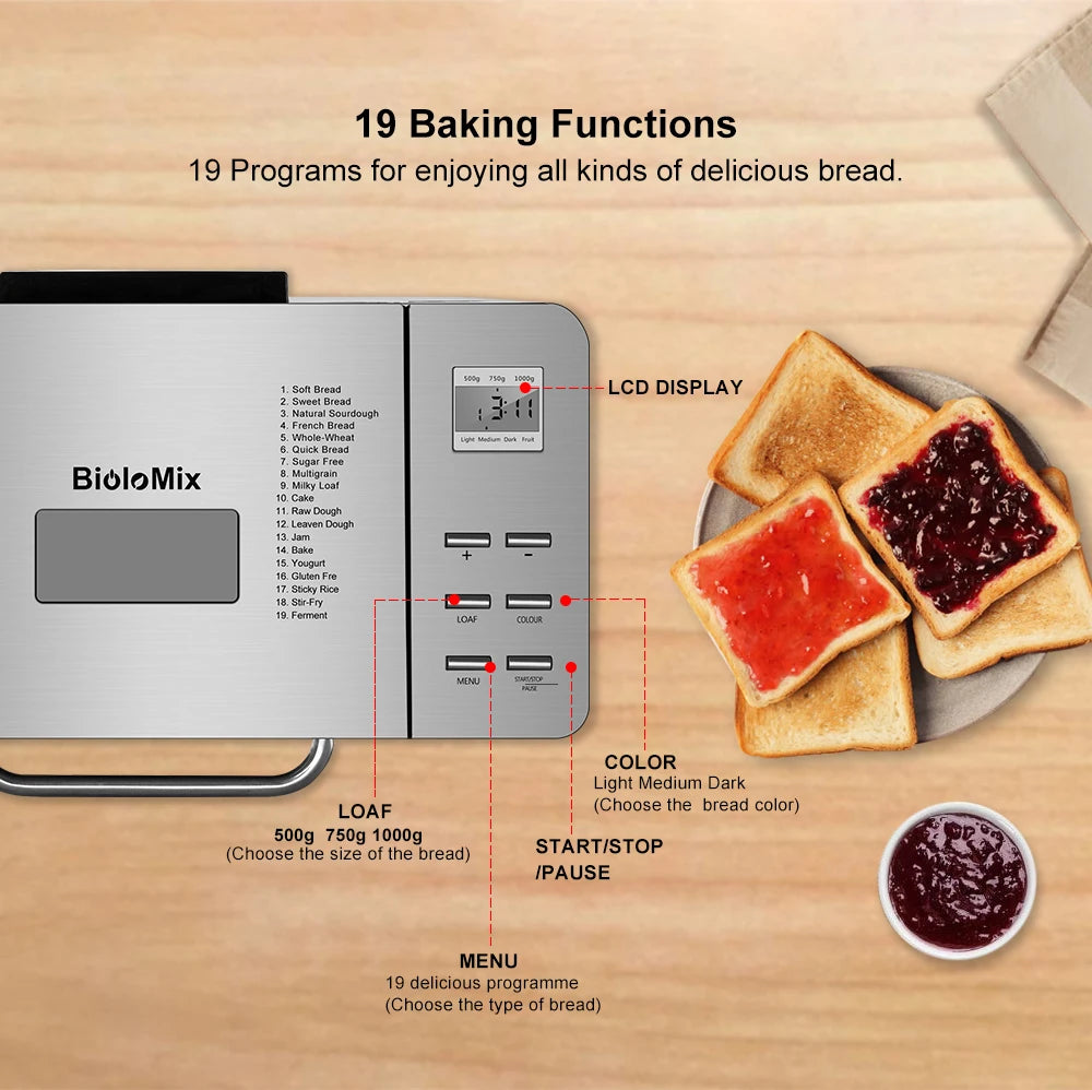 Biolomix 1KG 19-in-1 Stainless Steel Automatic Bread Maker 650W Programmable with Fruit Nut Dispenser Kitchen Appliance