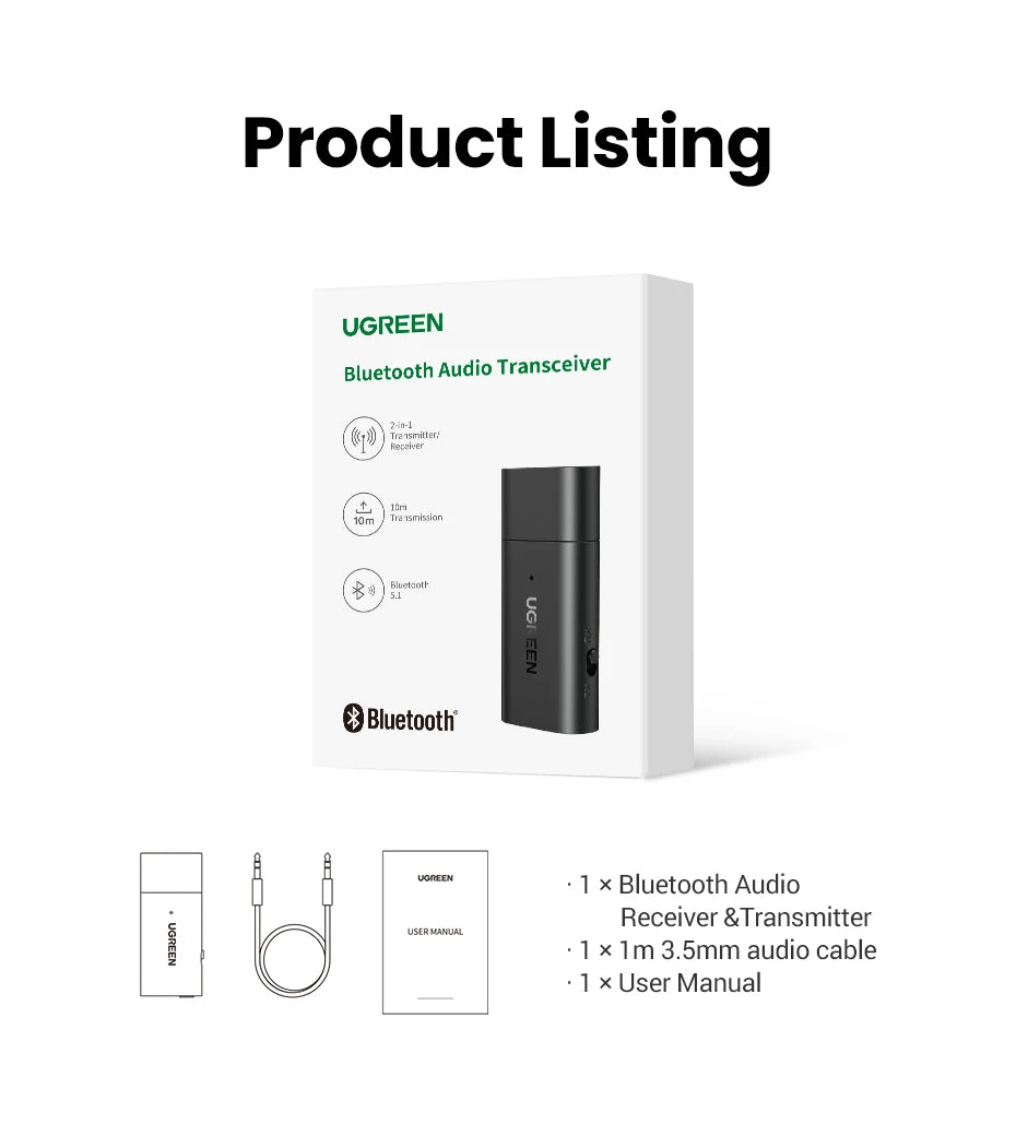 UGREEN 2 in 1 Bluetooth Car Adapter Bluetooth 5.1 Stereo Transmitter Receiver Wireless 3.5mm Aux Jack Adapter Car Kit Mic