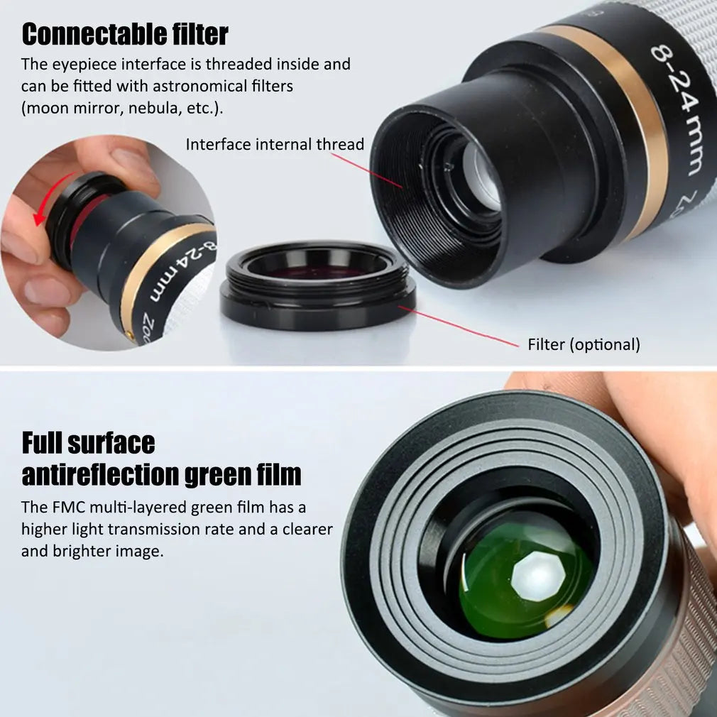 Telescope Accessories 8-24mm Zoom Eyepiece Full Metal Continuous Zoom Broadband Green Film with Optical Glass Zoom Lens Manual