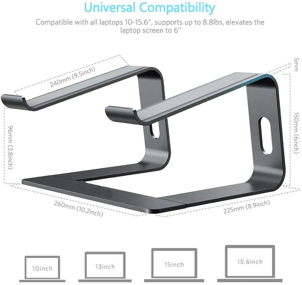 Ergonomic Aluminum Laptop Stand, Detachable Laptop Riser, Notebook Holder Compatible