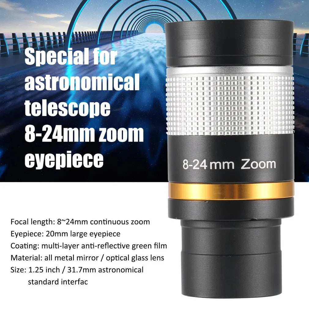Telescope Accessories 8-24mm Zoom Eyepiece Full Metal Continuous Zoom Broadband Green Film with Optical Glass Zoom Lens Manual