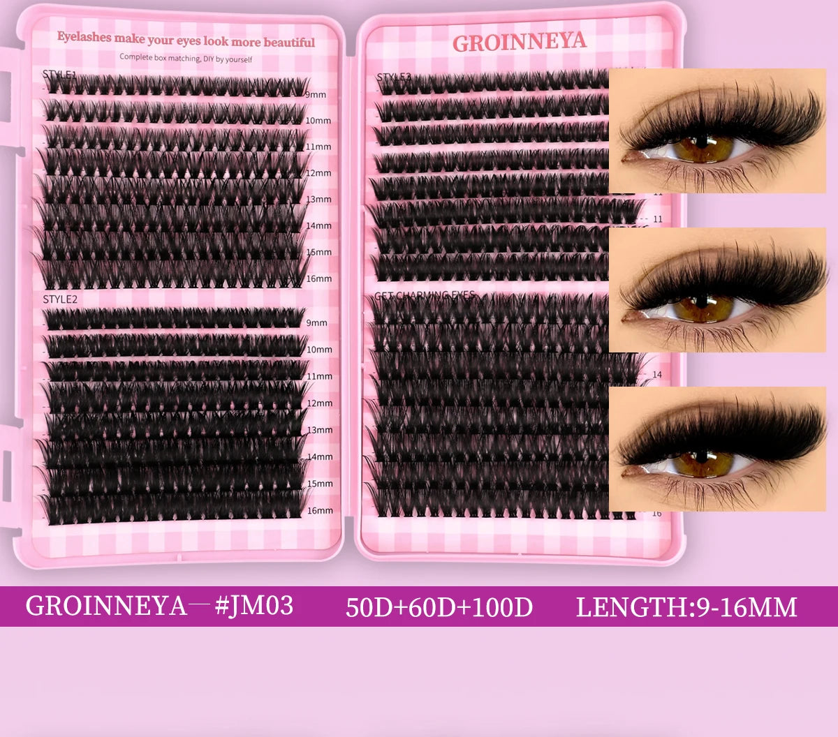 GROINNEYA DIY Lash Clusters Set Mixed Tray Lashes Kit Fluffy Individual Lashes Extension with Lash Bond and Seal At Home Makeup
