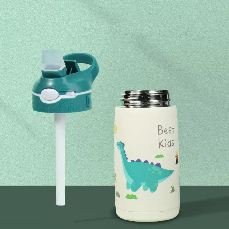 400/500ML Kids Water Bottle Cartoon Dinosaur Thermos Mug Baby Duck Billed Straw 316 Stainless Steel Vacuum Flasks Thermos Bottle