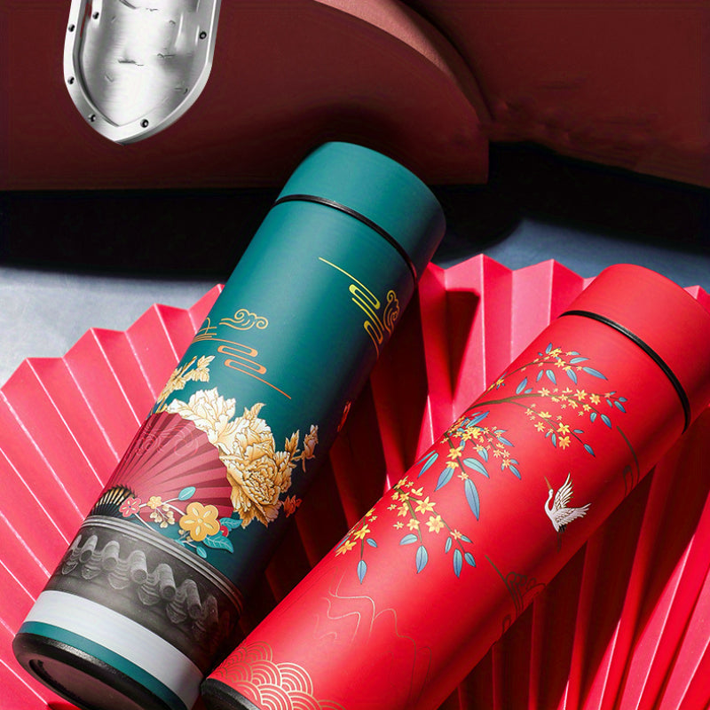 1pc Chinese Style Thermal Water Bottle, Retro Smart Temperature Display Insulated Cup, Stainless Steel Water Cup