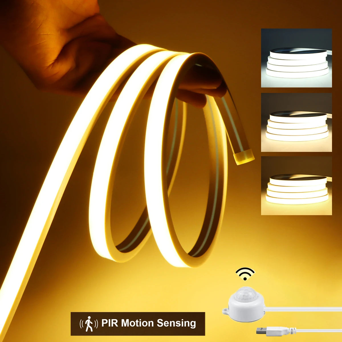 Smart PIR Motion Sensor USB 5V COB Neon Strip Light with Adjustable Delay Time, Works at Night/Dark Only for Bedroom, Corridor, Stairs
