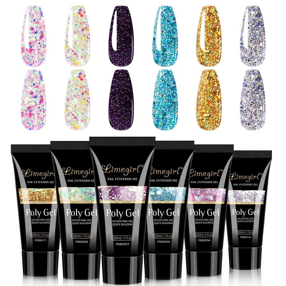 LIMEGIRL 30ml Nail Extension Gel Glitter Soak Off Nail Acrylic Crystal Build Poly UV Gel for Nails Quick Extension Manicure Glue