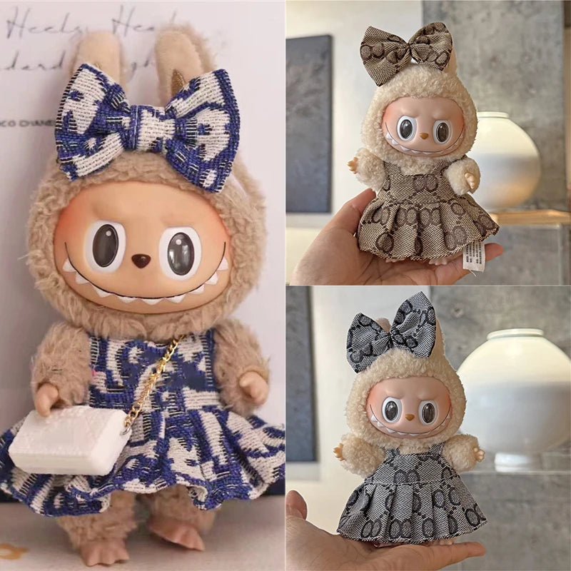 17cm For Labubu Doll Clothing Skirt Bowhair Accessory Set Retro Bib Pants Clothes Luxury Messenger Bag Shoes Set Sitting Party
