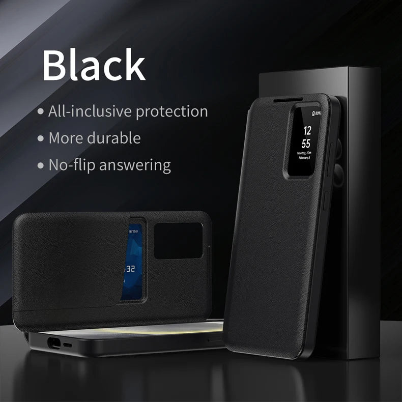 For Samsung Galaxy S25 Ultra Smart View Window Case ELVEV Durable Quality Leather Flip-Free Answering Cover for Samsung S25 S25+