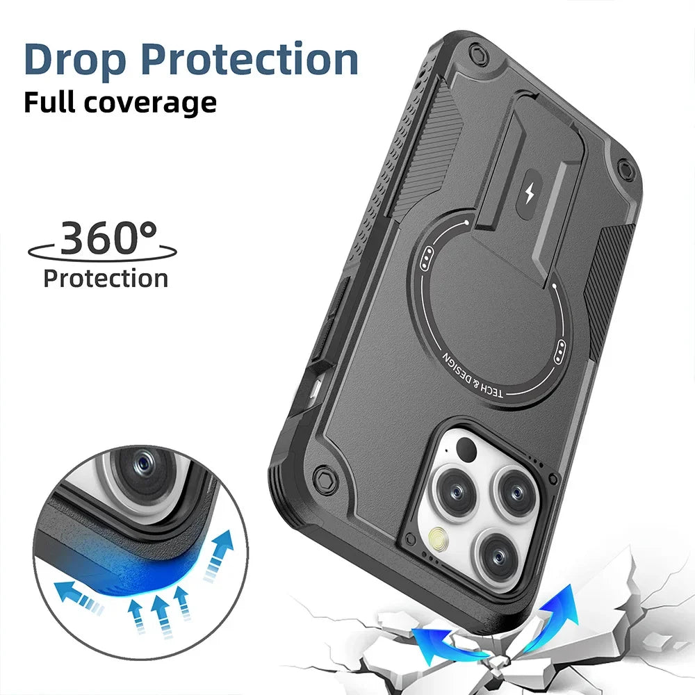 For MagSafe Magnetic Phone Case For iPhone 16 15 14 Plus 13 Pro Max Hidden Holder Stand Military Shockproof PC TPU Cover