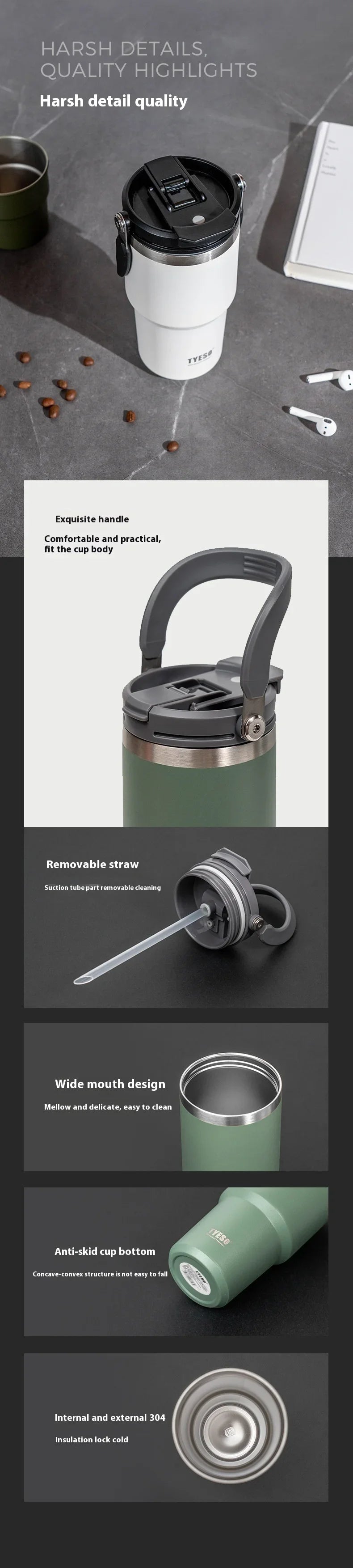 Tyeso Stainless Steel Coffee Cup Cold And Hot Double-layer Insulated Cup Tumbler Thermo Water Bottle Car Travel Mug Vacuum Cup